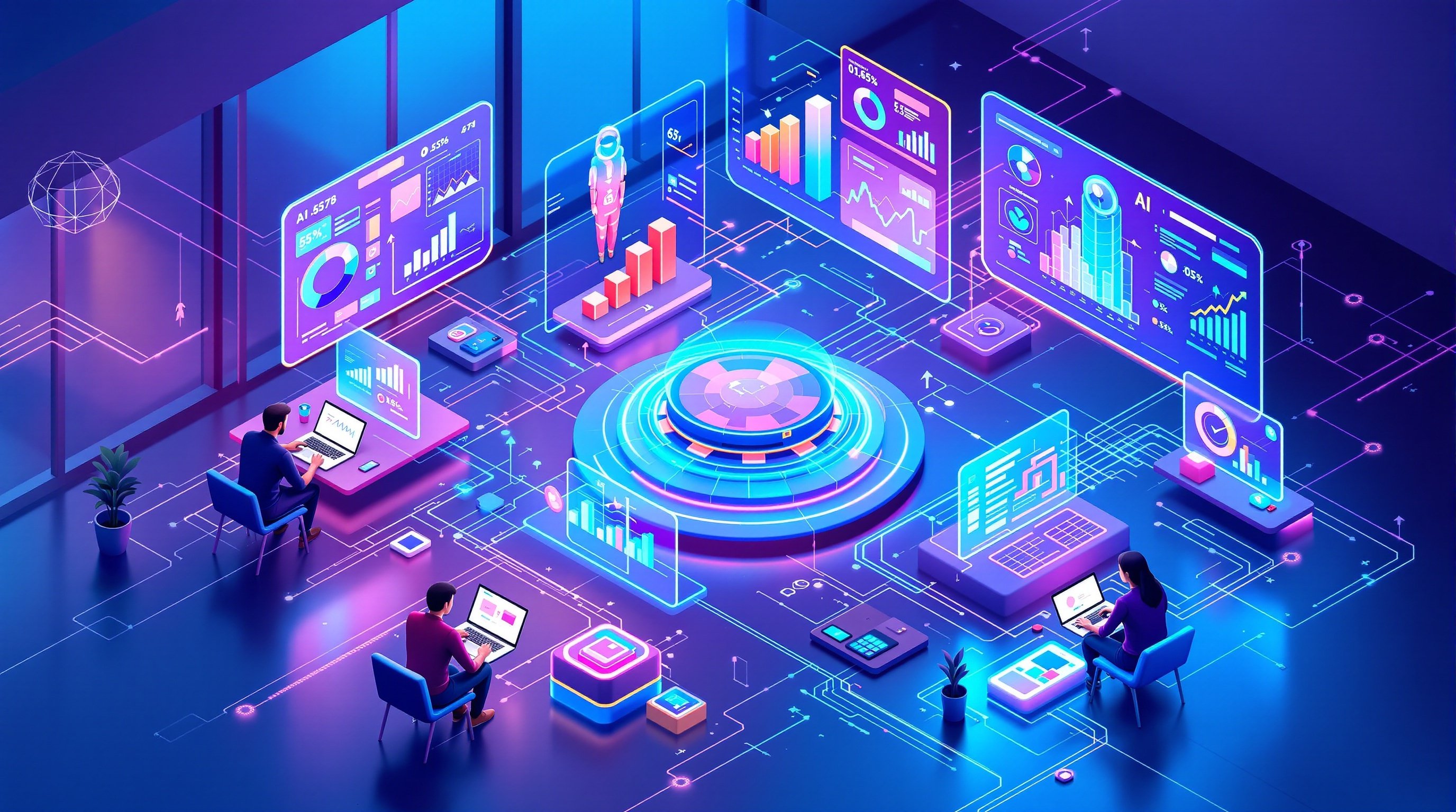 AI-powered executive workspace with neural network visualization